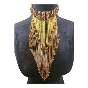 Brown and gold beaded fringe necklace, tribal choker necklace
